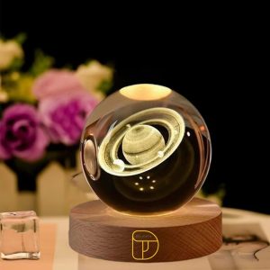 3D Galaxy Crystal Ball Planet Crystal Ball Night Light with Warm White Dimmable LED Wooden Base
